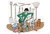 Man placing substance in a bucket, with gardening tools in the background