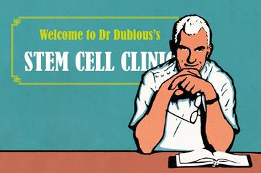 An advert-style images showing an illustration of a dubious looking doctor next to the following text: Welcome to Dr Dubious's Stem Cell Clinic