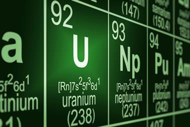A close up of the periodic table showing uranium, neptunium and plutonium