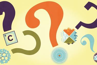 Hero illustration showing question marks with different forms of chemical elements as dots
