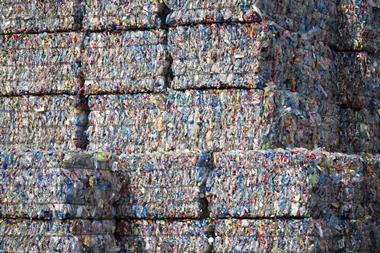 A large volume of bundled plastic waste