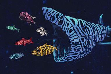 Basking shark spelling the word Research eating little fish spelling the same word in other languages