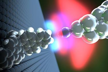 Atomic configuration of the microscope tip interacting with the molecule on the surface. The very weak measured interaction energy is a result of the molecular hydrogens' interplay with the tip electrostatic potential (negative (red) and positive (blue)).