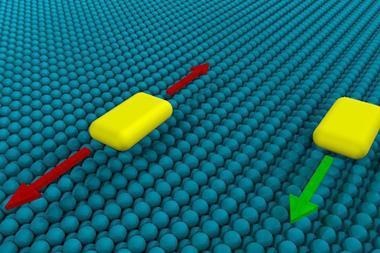 A 3D model of yellow cubes moving across a surface of spheres