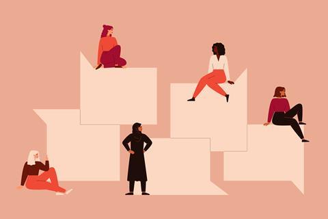 An illustration showing women sitting on speech bubbles